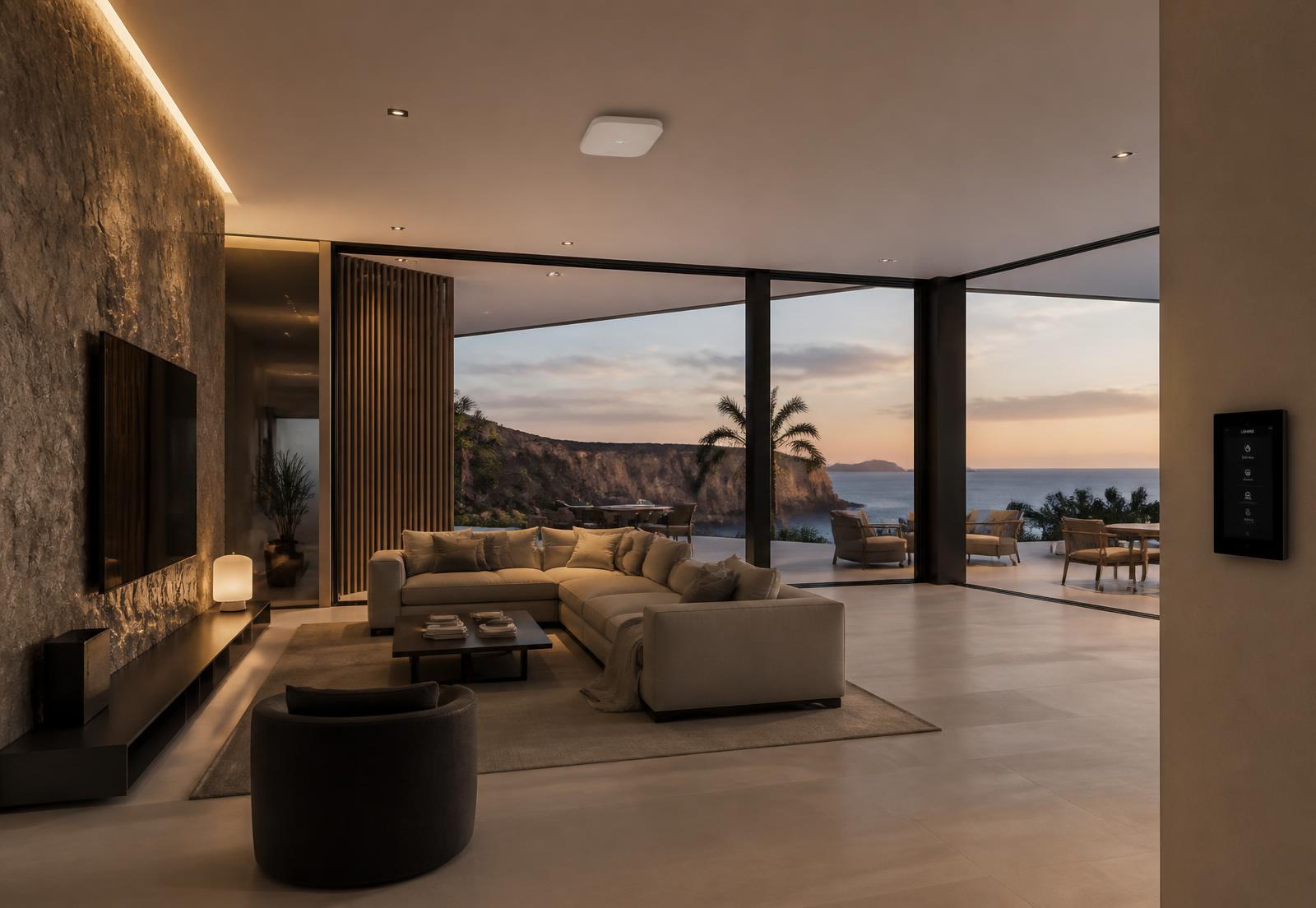Modern Tenerife villa living room at dusk with discreet home technology